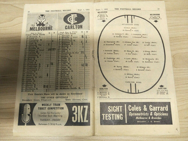 VFL 1962 September 1 Football Record 1st Semi Final Melbourne v Carlton