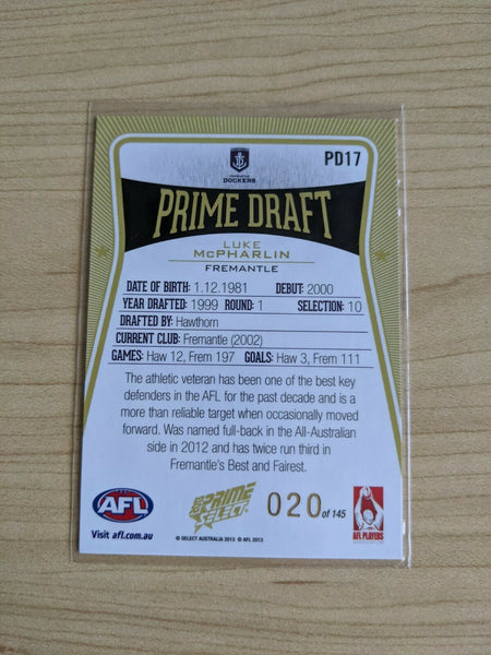 2013 AFL Select Prime Draft Pick Luke McPharlin Fremantle 20/145