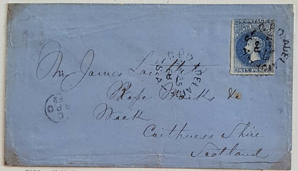 SA, Australian States, GB, 6d roulette cover from Adelaide. Wick TPO cancel 1868