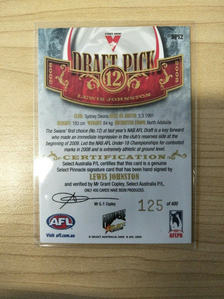 2009 Select Pinnacle Draft Pick Signature Lewis Johnston Sydney No. 125/400