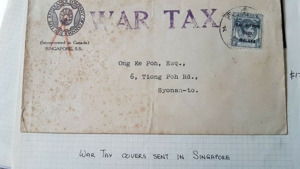 Japanese Occupation of Malaya on Straits Settlements 8c KGVl war tax cover.