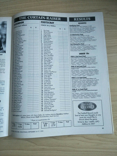 AFL 1995 Semi Final Football Record Essendon v Richmond