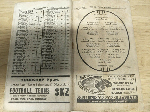 VFL 1961 September 16 Football Record Final Melbourne v Footscray