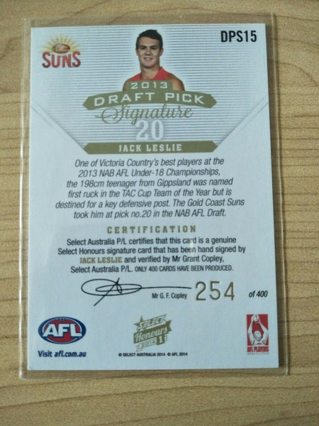 2014 Select Honours 1 Draft Pick Signature Jack Leslie Gold Coast No. 254/400