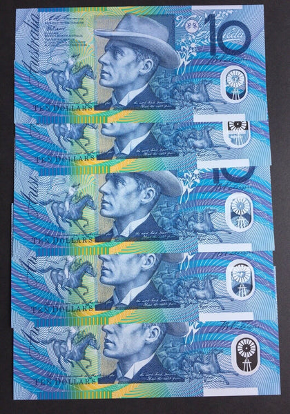 R316a 1993 $10 Blue Dobell Fraser Evans Polymer Banknote Run of 5 Uncirculated