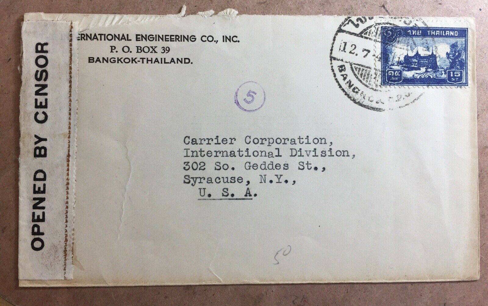 Thailand USA 12/7/1941 Censored cover Bangkok - New York With 15Stg Blue Palace