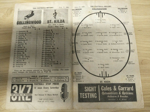 VFL 1965 July 17 Football Record Collingwood v St Kilda