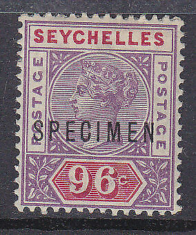 Seychelles 96c Queen Victoria tablet overprinted Specimen Mint hinged. SG 8s