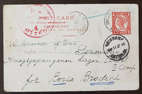 Queensland Post Card, 1d to Polish Prisoner of War POW Germany WW1 HG 17 used