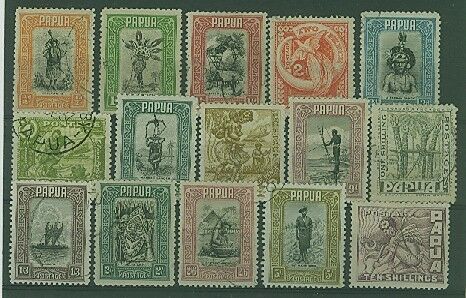 Papua SG 130-144 1932 Pictorials Set to 10s birds police costumes fishing FU