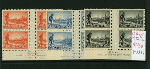 Australia SG 147-9 Victorian Centenary Set P10½ Imprint blocks of 4 MUH stamps