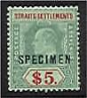 Straits Settlements Malayan States SG 167s $5 green and red KGV opt SPECIMEN MLH