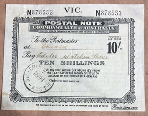 Australia Victoria 10/- Postal Note banknote postal stationery Canc. Collins St