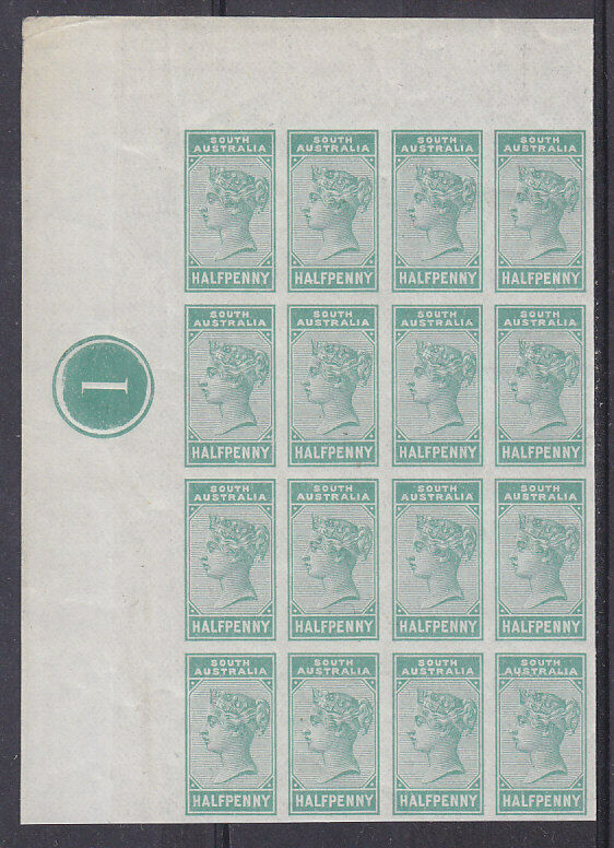 SA Australian States 1883 ½d Green Plate 1 block 16 imperf Proofs Unissued color