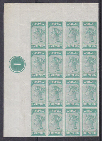 SA Australian States 1883 ½d Green Plate 1 block 16 imperf Proofs Unissued color