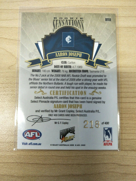 2009 AFL Select Pinnacle Rookie Sensations Aaron Joseph Carlton No. 218/400
