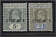 Fiji Pacific Islands SG 113/114 5/- and £1 KEVII overprinted SPECIMEN MLH