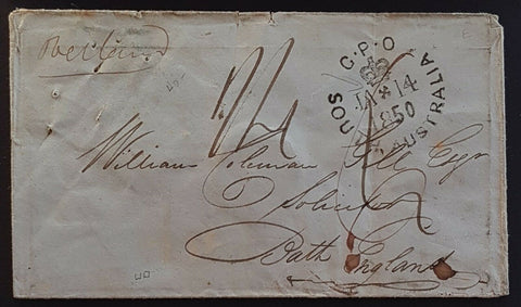 SA, Australian States, GB, 1850 Pre stamp cover Adelaide GPO to Bath England