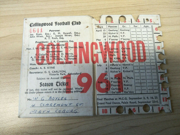 VFL 1961 Collingwood Football Club Season Ticket No. 4641
