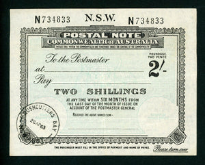 Australia NSW 2/- Postal Note banknote postal stationery used Rushcutters 1963