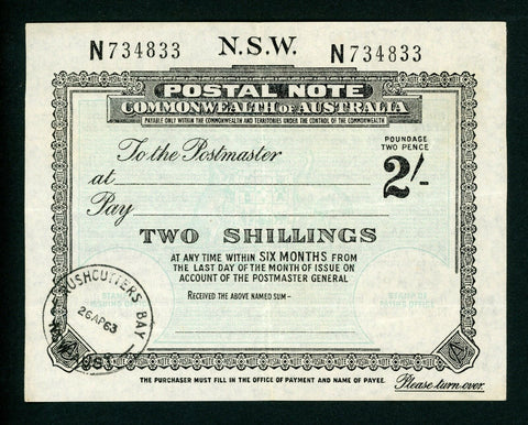 Australia NSW 2/- Postal Note banknote postal stationery used Rushcutters 1963