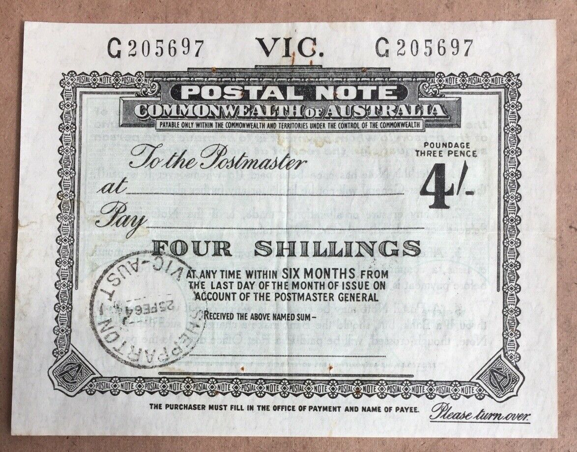 Victoria 4/- Postal Note banknote postal stationery Cancelled Shepparton 25/2/54