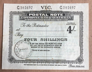 Victoria 4/- Postal Note banknote postal stationery Cancelled Shepparton 25/2/54