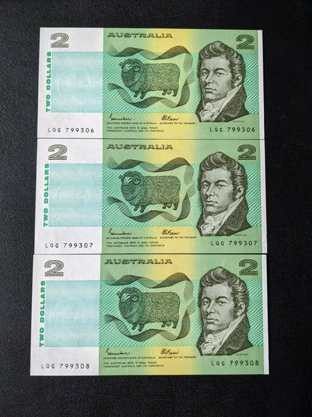 Australia 1985  R-89L $2 Johnston/Fraser Last Prefix Run of 3 uncirculated