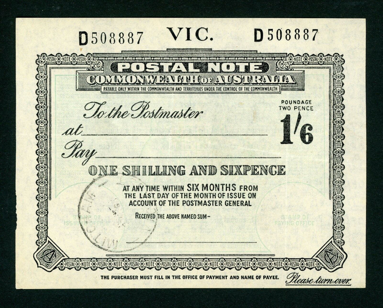 Australia Victoria 1/6 Postal Note banknote postal stationery used Mitcham