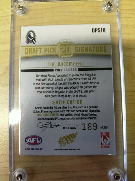 2013 Select Prime Draft Pick Signature Tim Broomhead Collingwood No.189/280