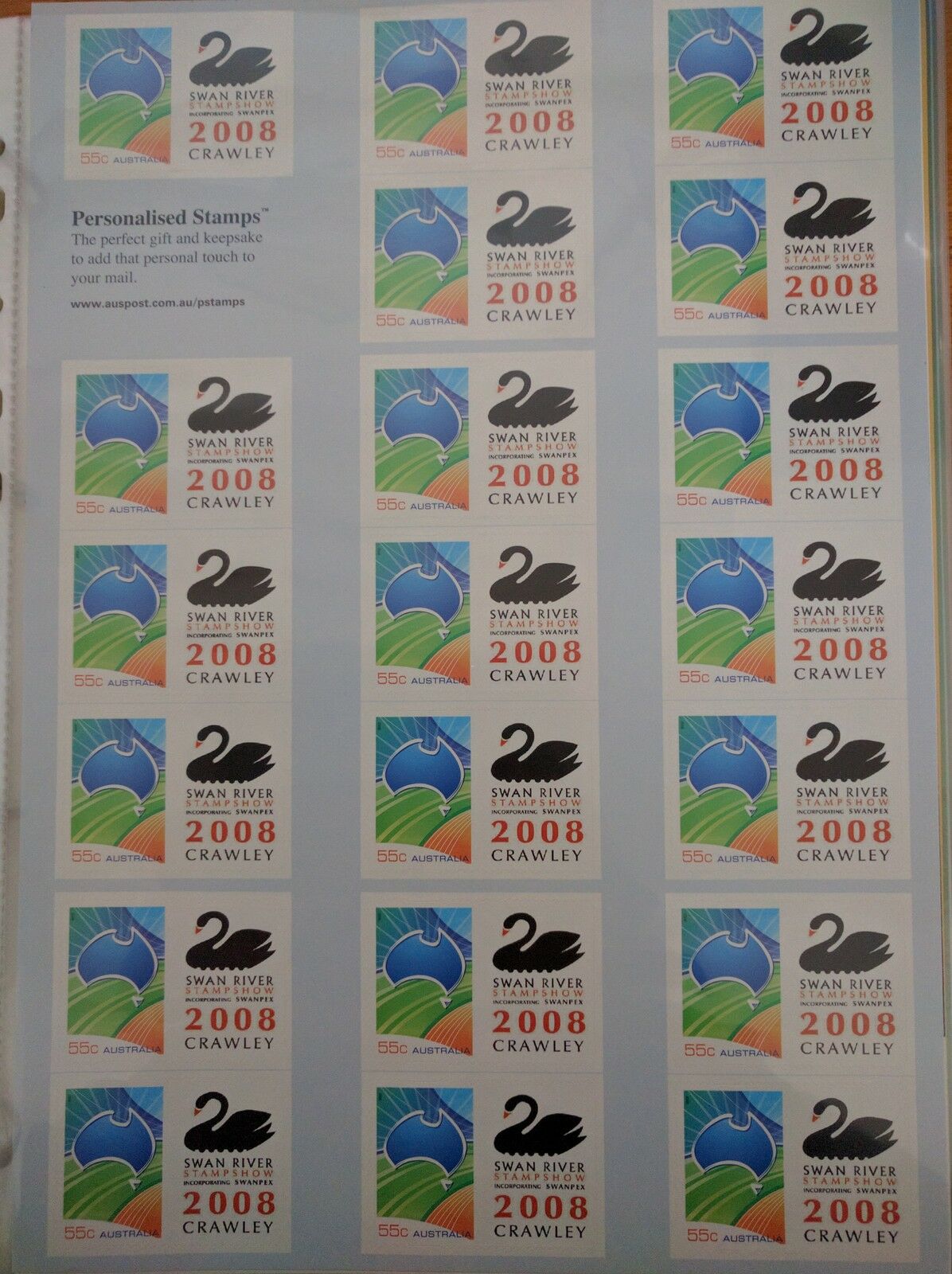 Australia Post 55c Personalised Stamp Sheet - Swan River Stampshow 2008 Crawley