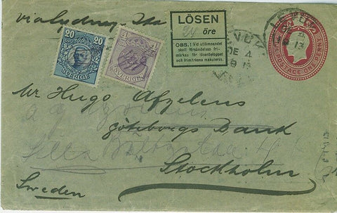 Fiji  1913 1d envelope to Sweden with Swedish postage due label