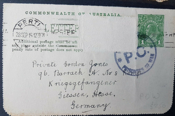 Australia-Germany Letter Card 1d KGV Fruit Exhibit Adelaide Show to POW soldier