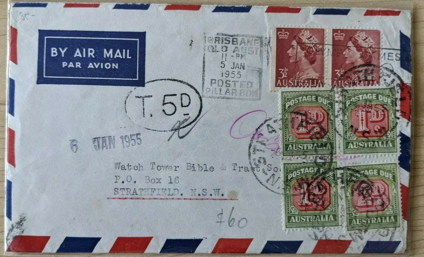 Australia 7d Air Mail Brisbane - Strathfield NSW with 4 Postage Dues added (5d)