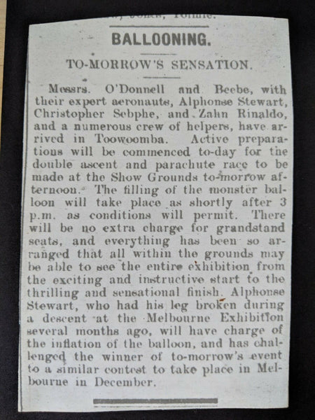 Australia 1908 Balloon Flight Toowoomba with Newspaper Cuttings Believed Unique