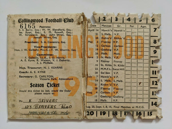 VFL 1956 Collingwood Football Club Season Ticket No.  6165