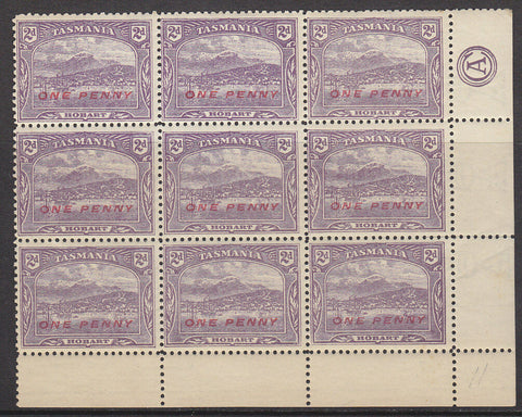 Tasmania SG 260a 1d on 2d Perf.11 marginal block of 9 with Monogram MUH