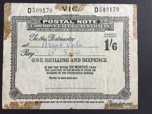 Australia Victoria 1/6 Postal Note banknote postal stationery with faults, used