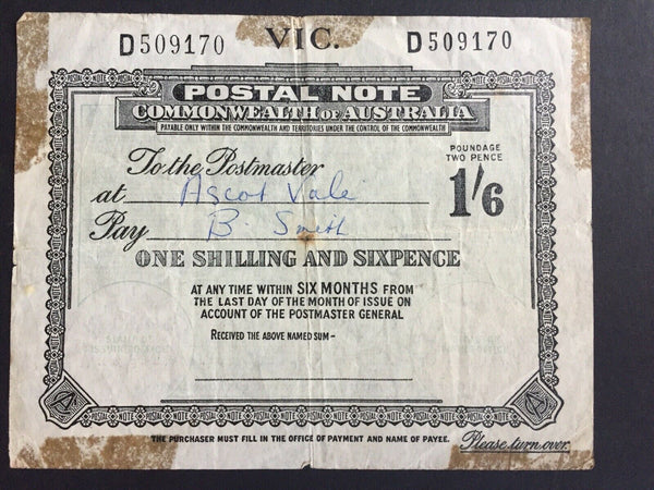 Australia Victoria 1/6 Postal Note banknote postal stationery with faults, used