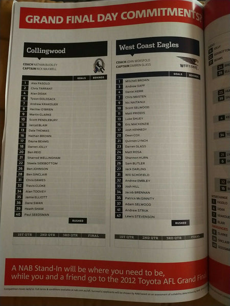 2012 1st Semi Final AFL Football Record Collingwood v West Coast