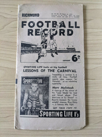 VFL 1953 Football Record Vol 40 No 19 Aug 22 Richmond vs Collingwood