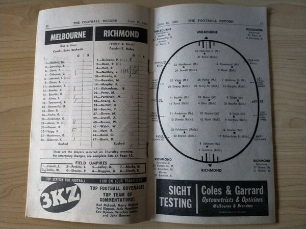 VFL 1968 June 15 Football Record Melbourne v Richmond