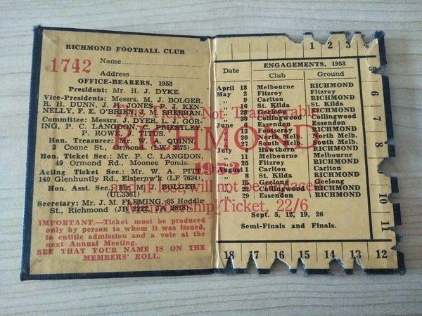 VFL 1953 Richmond Football Club Membership Season Ticket No. 1742