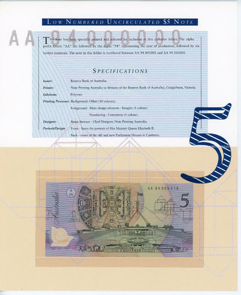 Australia 1994 $5 and $10 Banknotes Matching Serial Numbers In deluxe official folders.