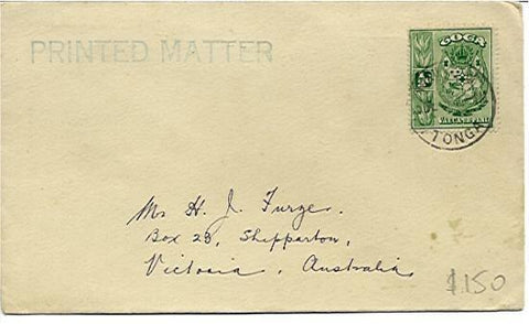 Tonga ½d arms Printed Matter rate cover to Shepparton, Australia postal history