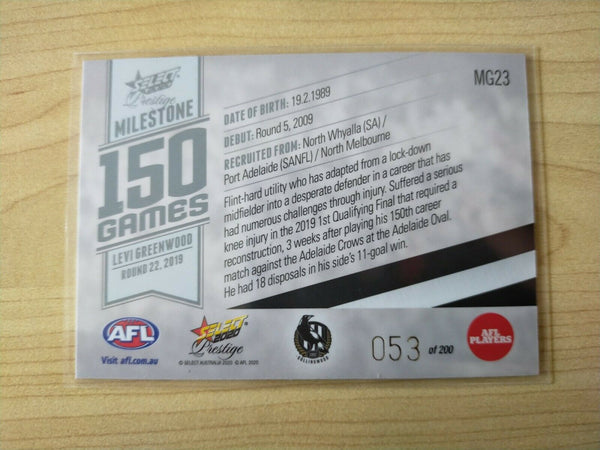 2020 Select Prestige Milestones Levi Greenwood Collingwood No. 053/200