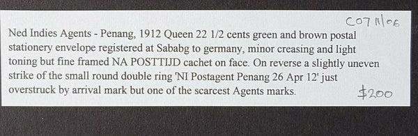Netherlands Indies PostAgent Penang- Germany 1912 22½c postal stationery