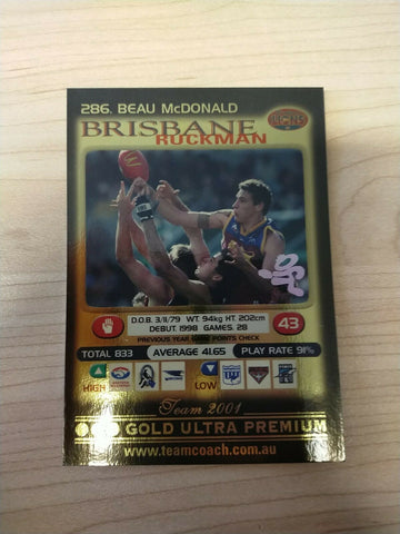 2001 Teamcoach Gold Prize Card Brisbane 286 Beau McDonald