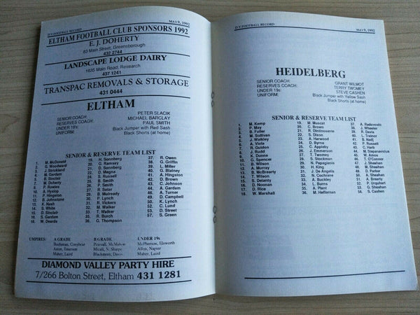 Football 1992 9th May Diamond Valley Football League Football Record Vol. 36, No. 5
