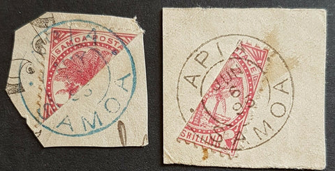 Samoa Germany New Zealand 1/- Palms bisect, both types on piece. Used.